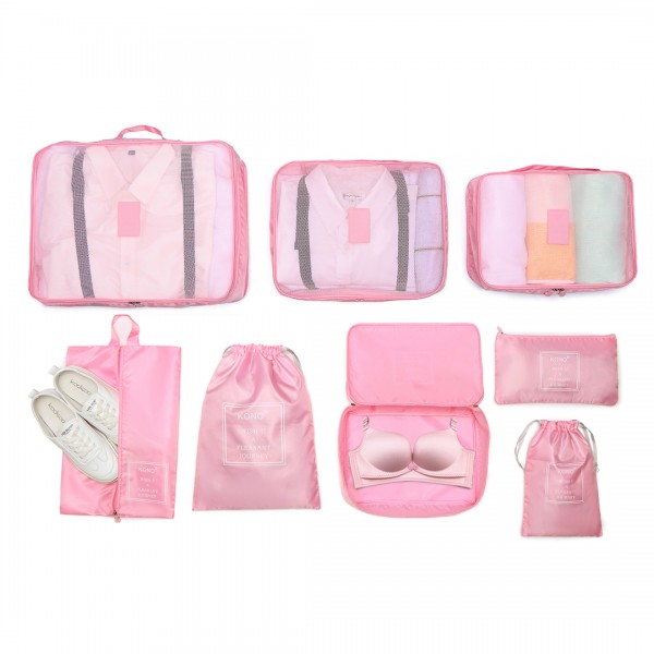 E2019 - Kono 8 Piece Polyester Travel Luggage Organiser Bag Set - Pink